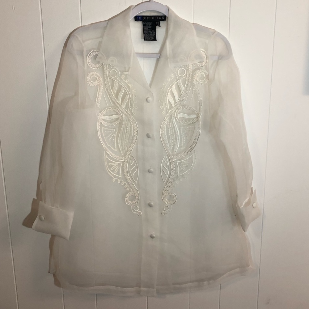 I B Diffusion White Sheer Embroidered Cover Up Top Size 6